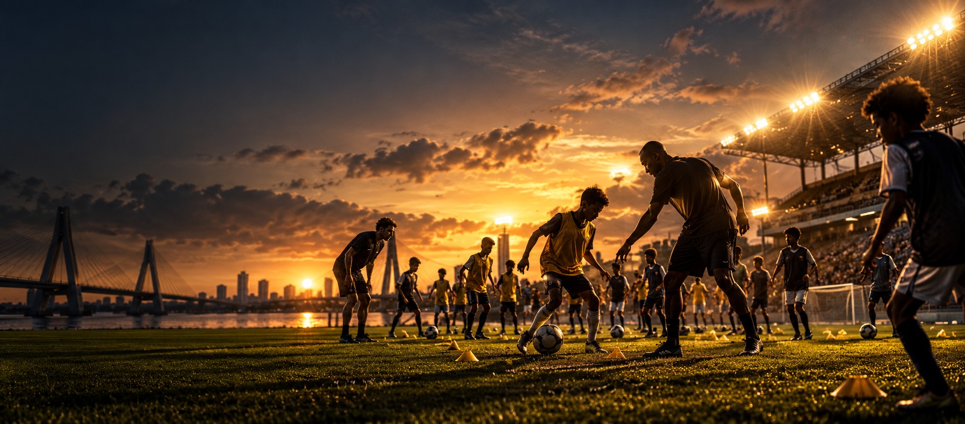 Entrenador orientando a jóvenes futbolistas durante una sesión al atardecer